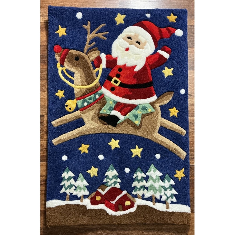Beautiful Christmas SANTA RIDING A REINDEER STARRY NITE Thick Multicolor Rug